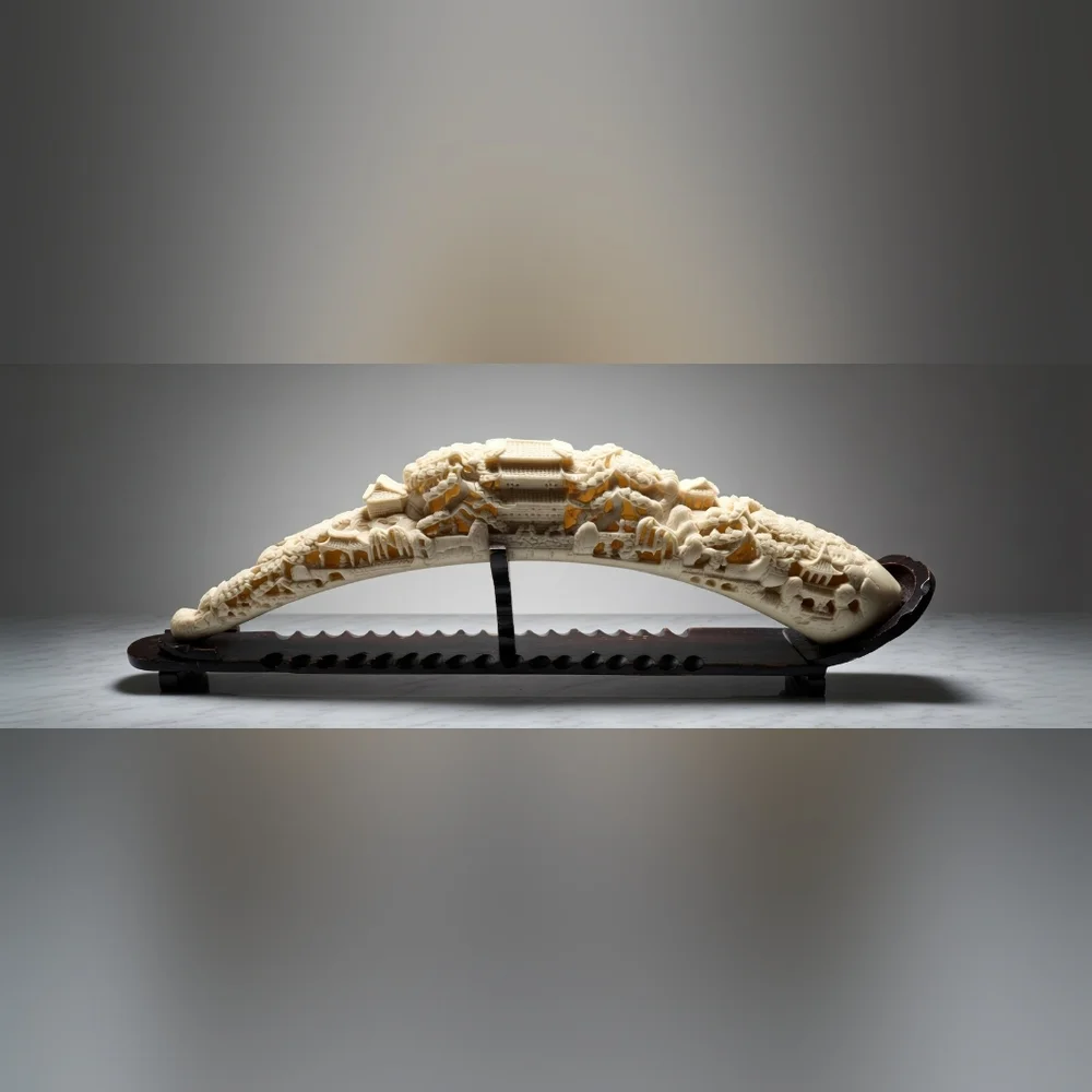 Vintage 31" Chinese Faux Ivory Carved Tusk Landscape Pagodas Mid-Century - Picture 3 of 16